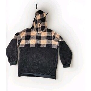 Tees2urdoor Sherpa 1/4 Zip Hoodie Black Brown Check Adult Unisex 3XL EUC